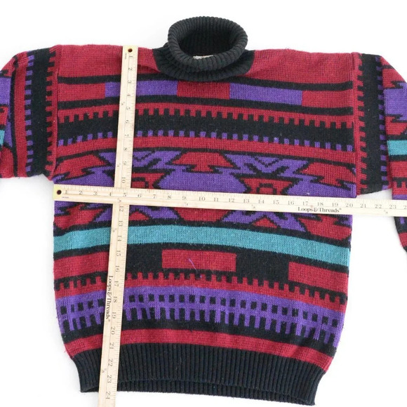 Vintage 90'S Vanderbilt Maroon Black Purple Aztec Turtleneck  Knit Sweater M - Picture 4 of 13